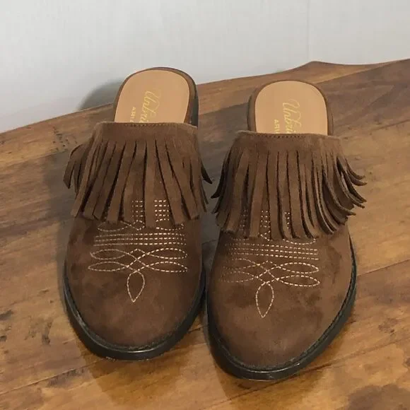 Ariat Unbridled Mules Women’s 6 Brown Whiskey Leather Shirley Fringe Western - Picture 2 of 12